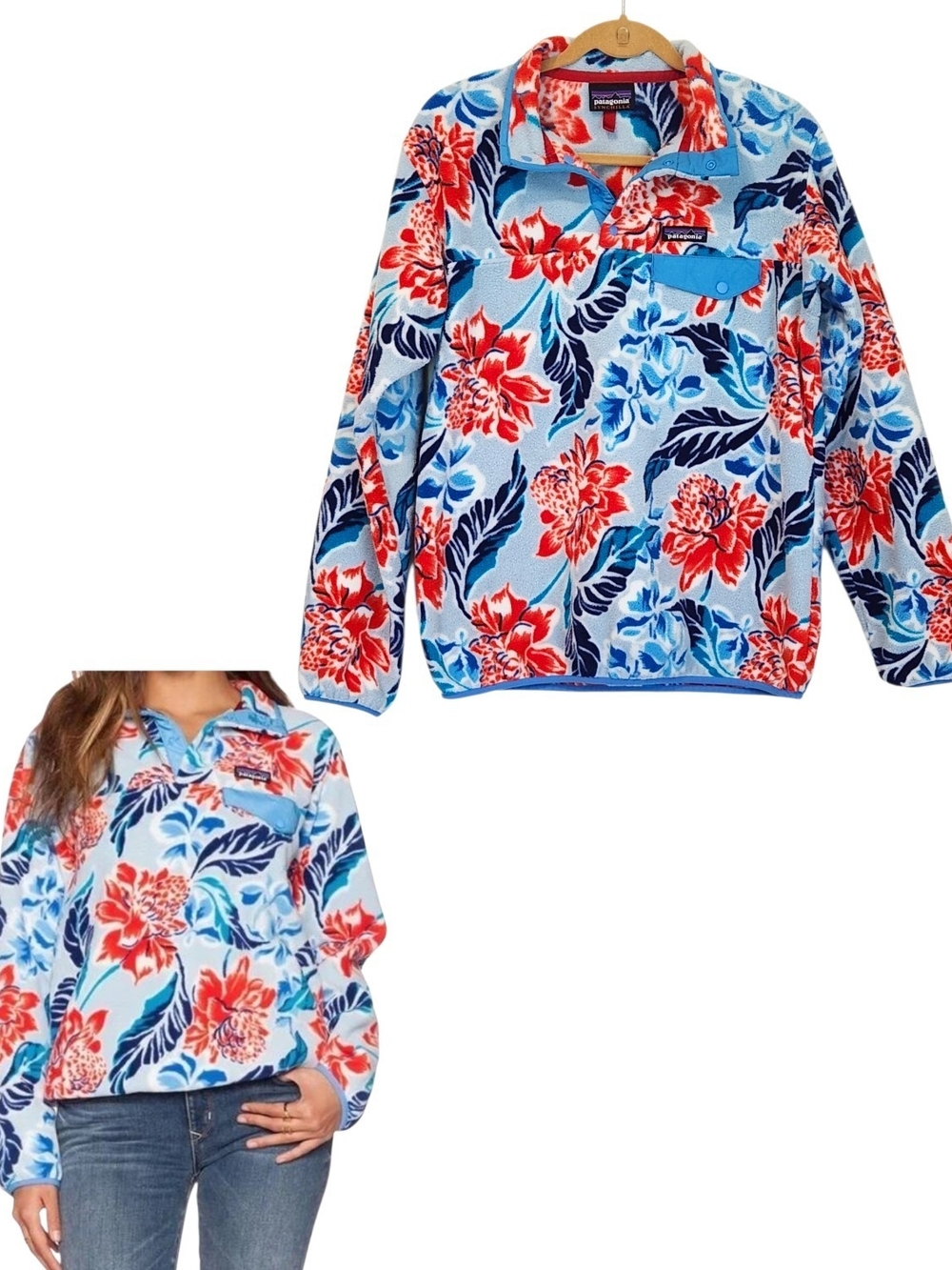 Patagonia Synchilla Snap-T Fleece Pullover Hawaiian Floral Manoa Dusk Blue Large